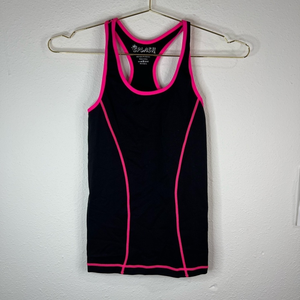 Splash Black and Pink Contrast Trim Stitched One Size Stretch Tank Top Athletic